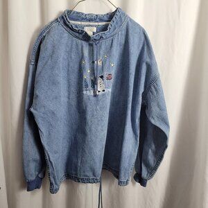 Christopher & Banks Denim Blouse Winter Snowman Embroidered Oversized Large EUC